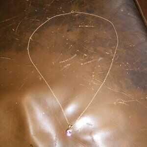 Women's 10K Gold 18" Long Thin Necklace w/ Pink Sapphire Pendant